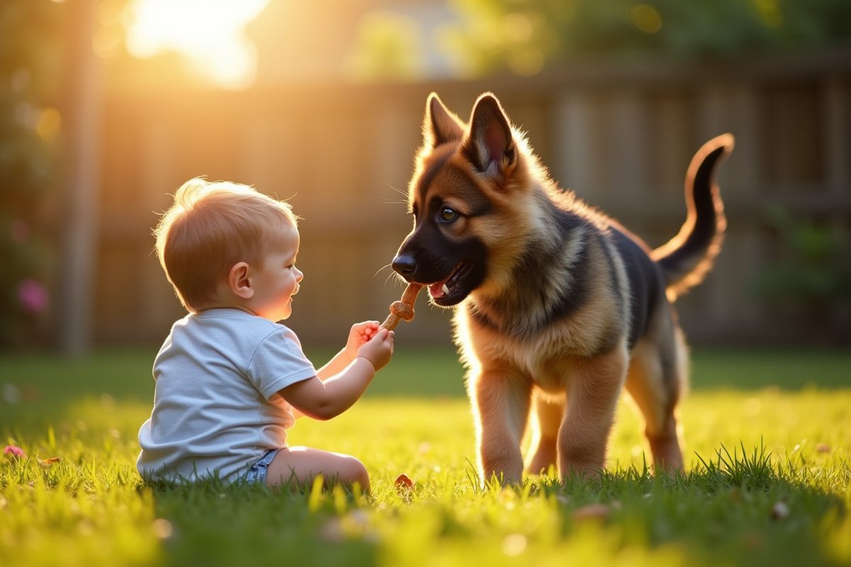 Chiot berger allemand en extérieur avec enfant et treat