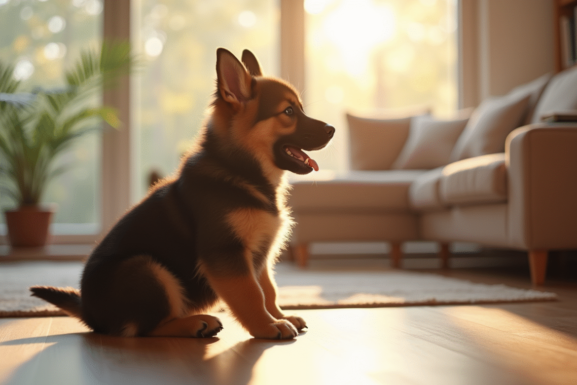 Chiot berger allemand dans un salon lumineux avec famille