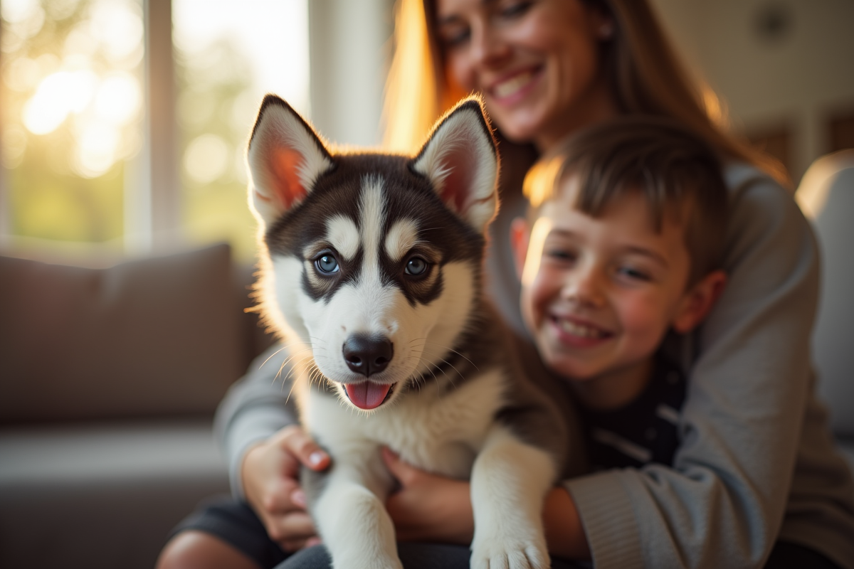 Chiot husky calme tenu par famille dans le salon