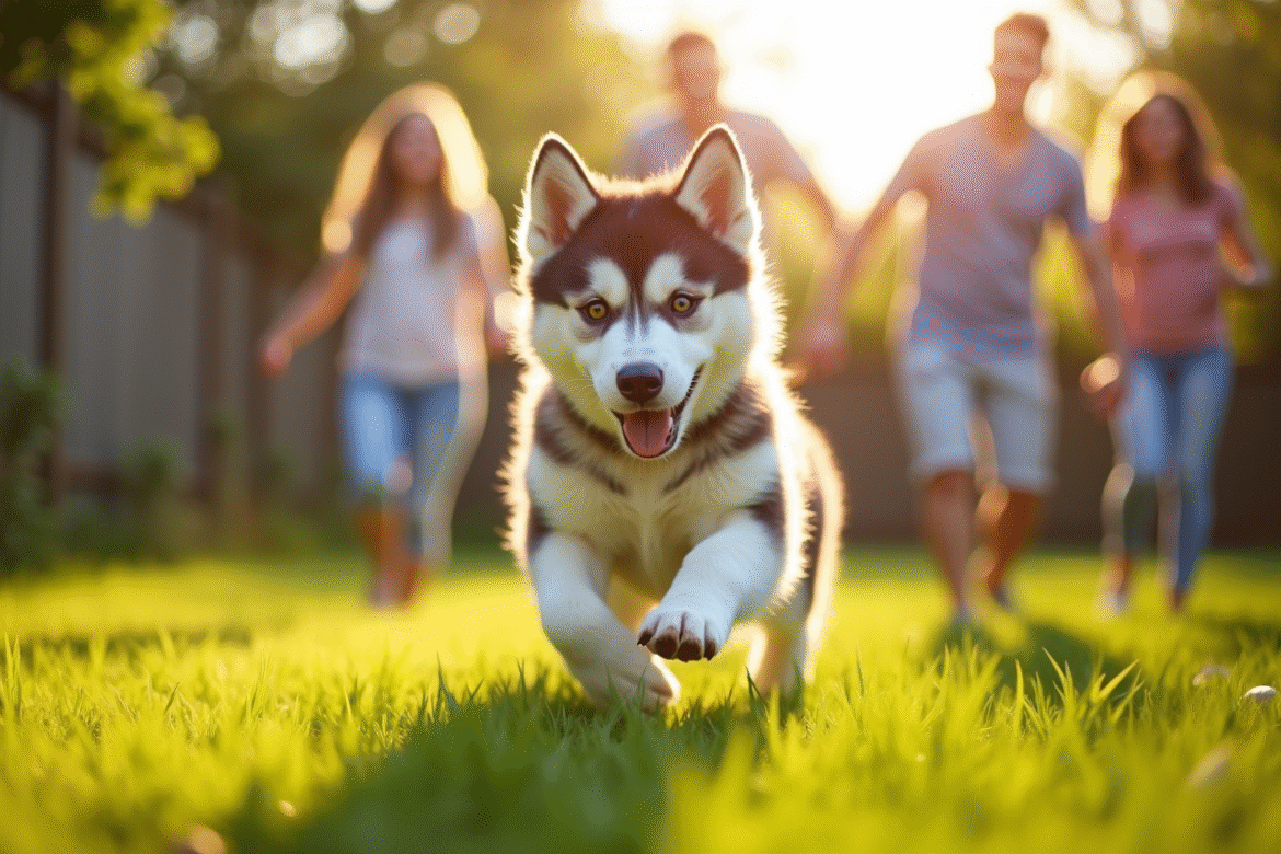 Chiot husky joueur dans le jardin ensoleille
