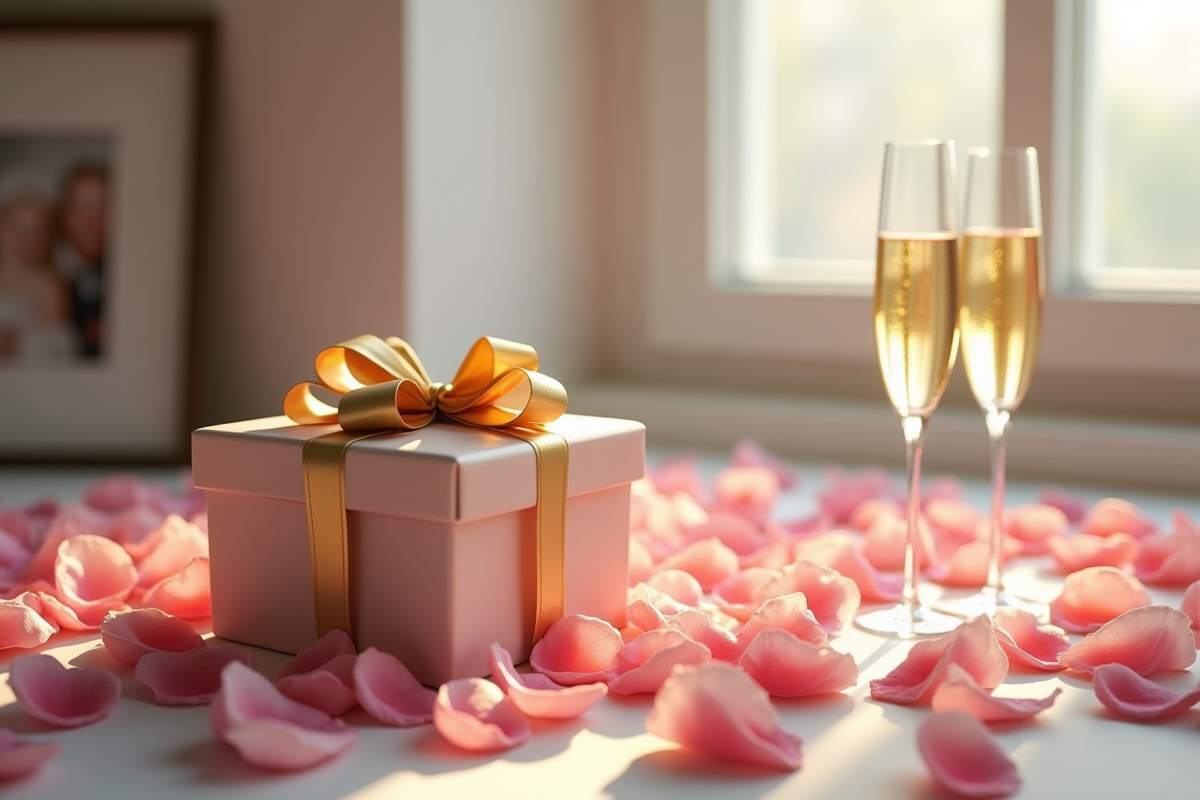 Coffret cadeau orné de ruban avec champagne et roses pour célébration