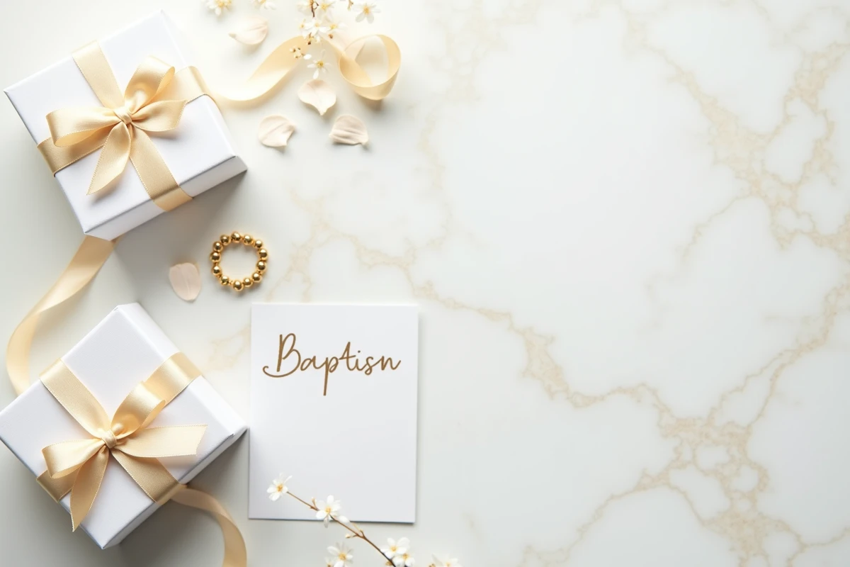 Composition à plat d'une gourmette or pour baptême avec boîte cadeau et carte sur marbre blanc