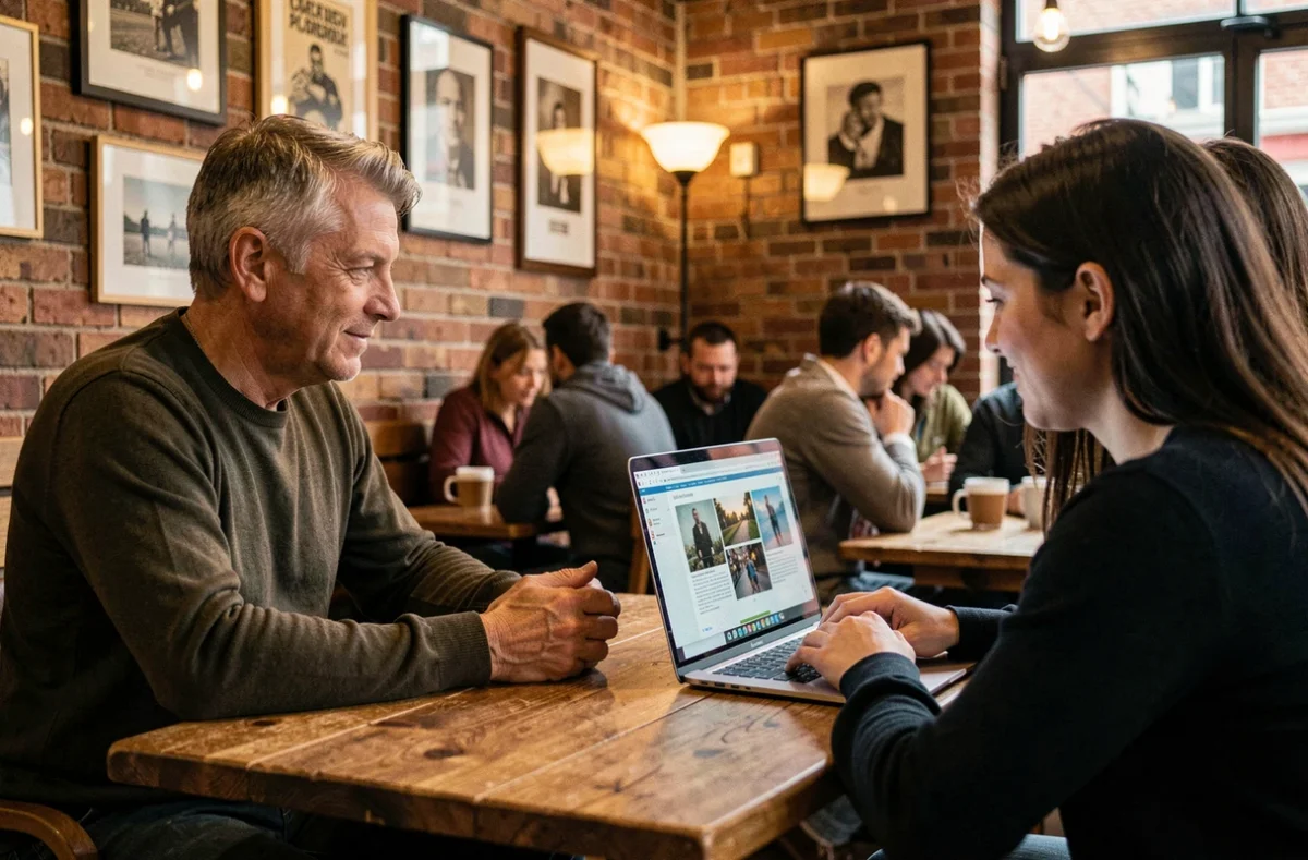 Photographe à Argenteuil présentant son portfolio à des clients dans un café