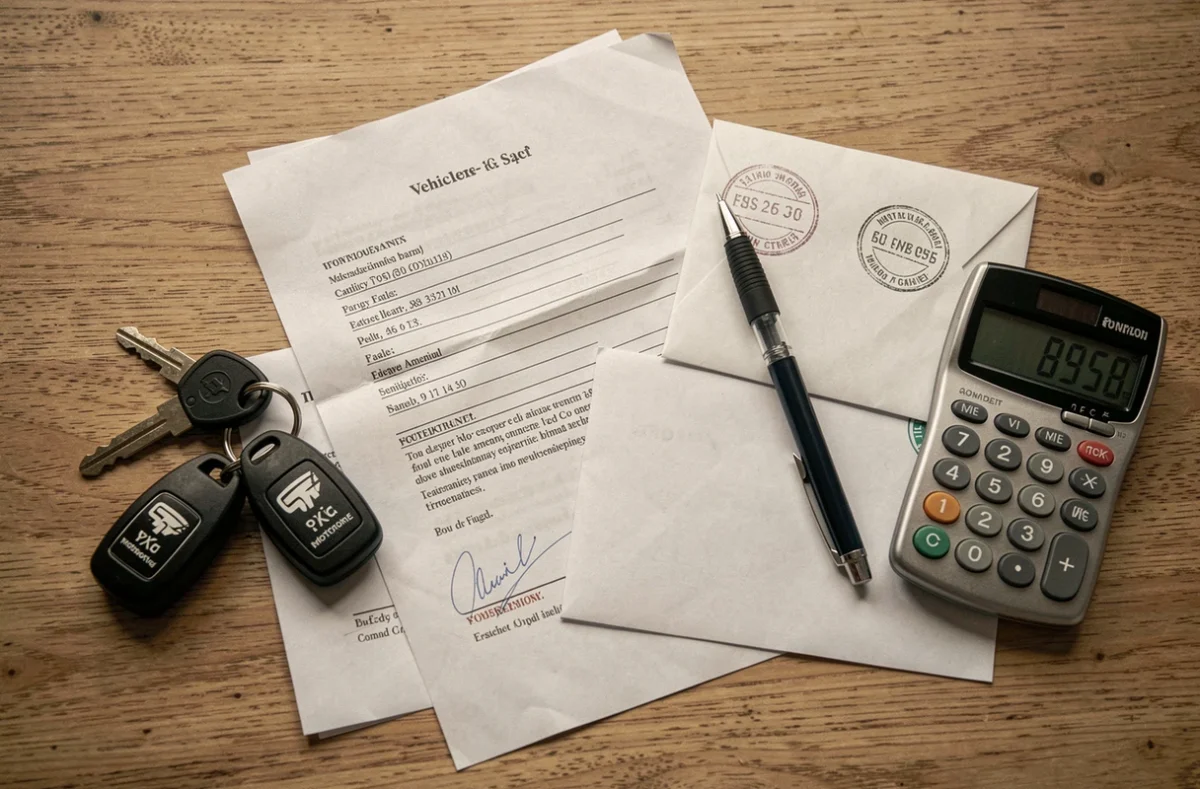 Contrat de vente de camping-car avec clés et documents légaux sur un bureau, symbolisant le partage du prix après décès ou divorce