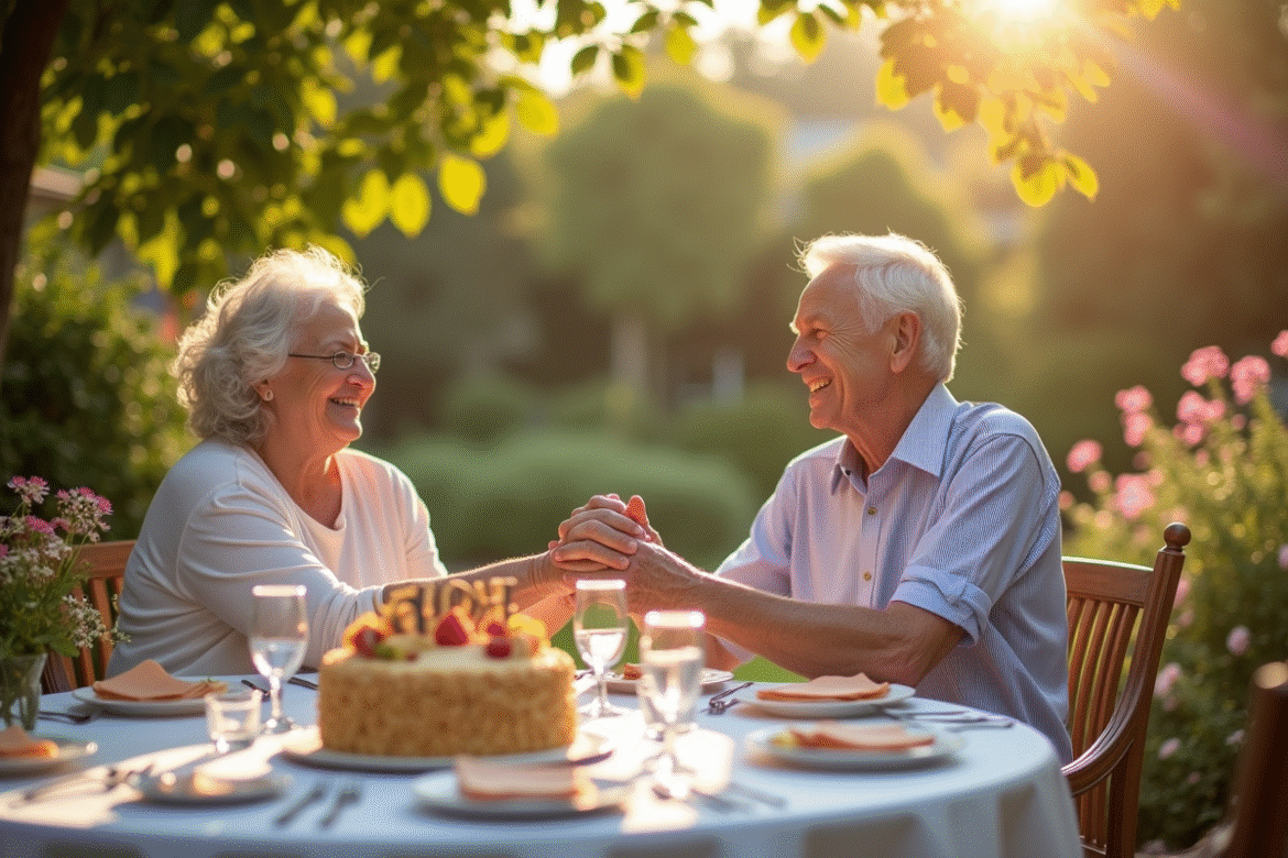 Vieux couple riant main dans la main dans un jardin fleuri pour 30 ans d'amour