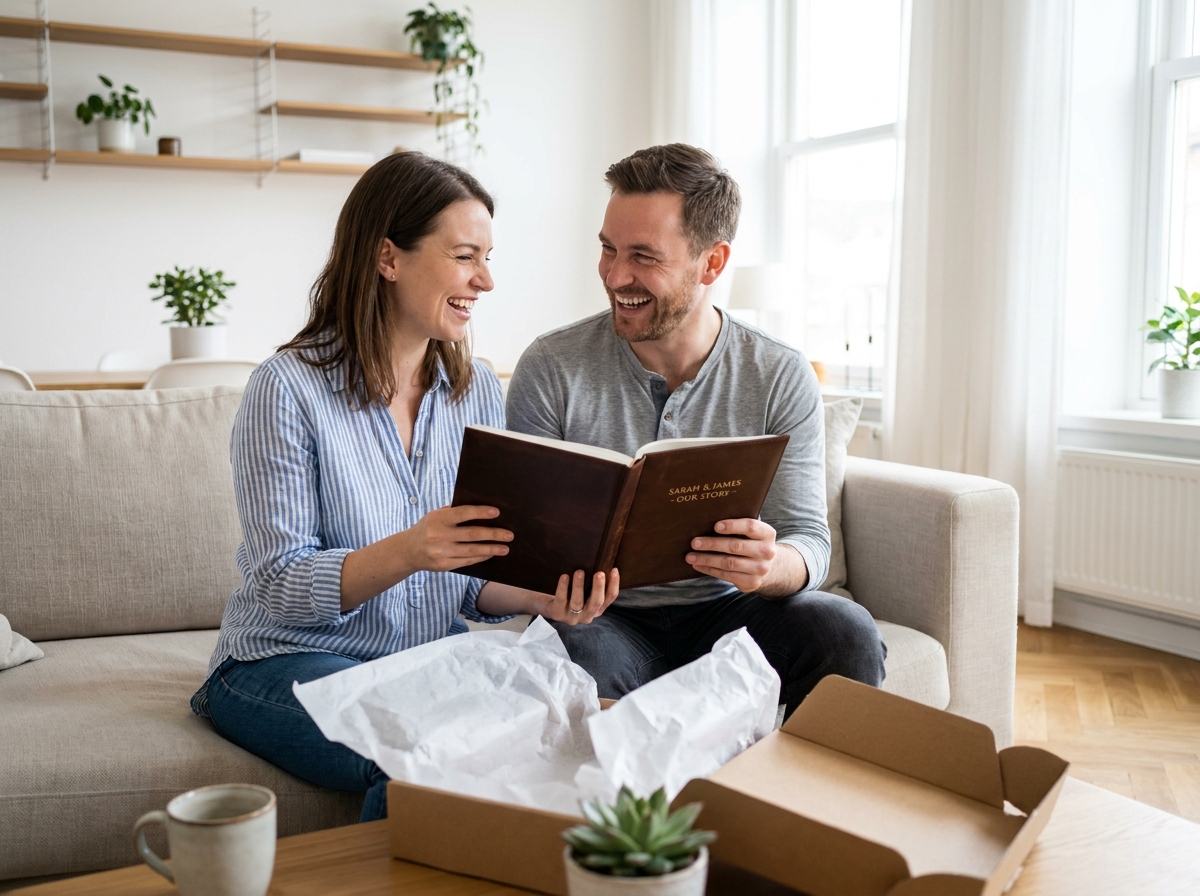 Couple riant en découvrant un livre personnalisé avec leurs prénoms gravés dans leur appartement