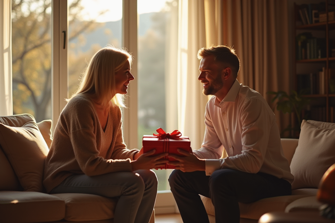 Couple d'âge moyen échangeant des cadeaux dans un salon chaleureux