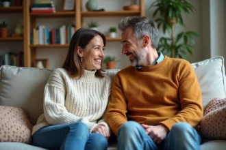 Couple souriant dans un salon chaleureux pour {titre}