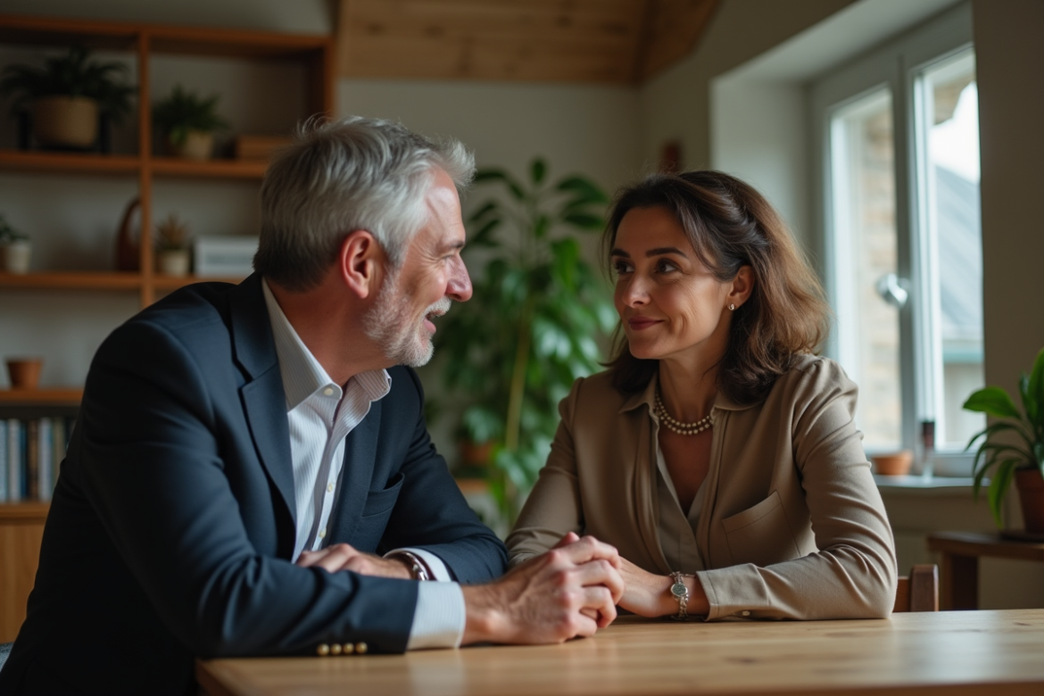 Couple d'âge moyen en réflexion à une table de bois