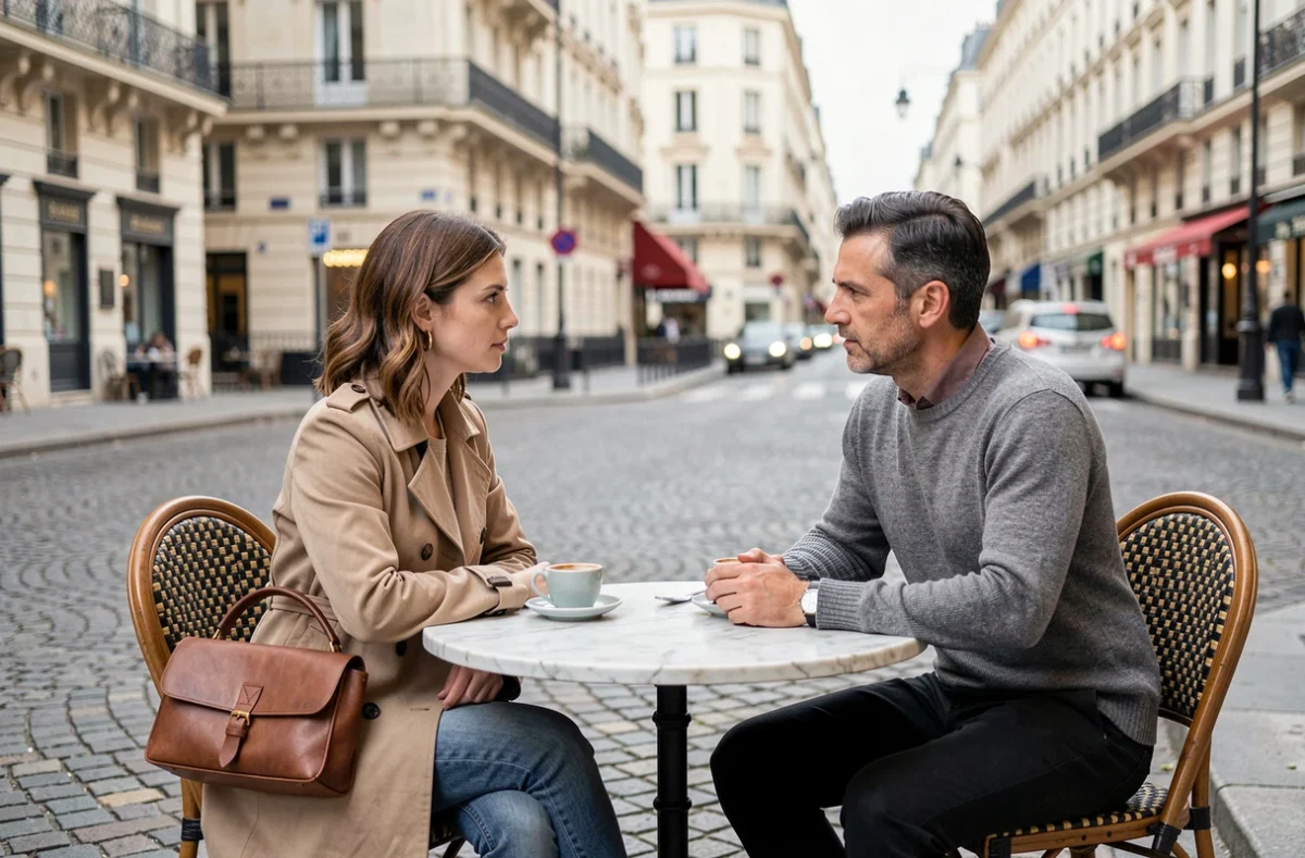 Couple discutant sérieusement en terrasse de café à Paris sur fond de rue haussmannienne