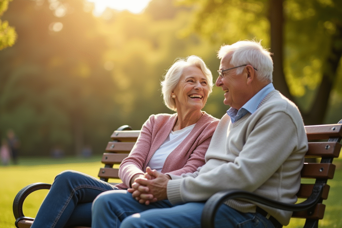 Couple de seniors souriant main dans la main dans un parc