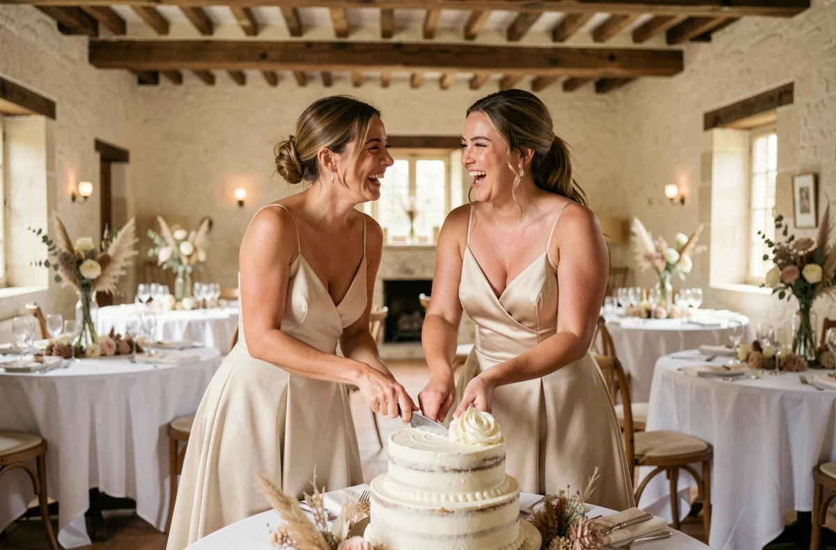 Couple de mariées souriant lors de la coupure du gâteau de mariage dans une salle de réception normande aux poutres en bois