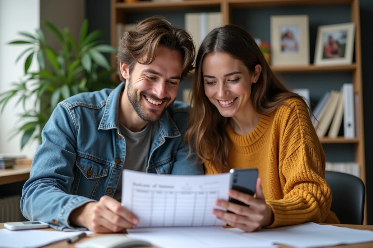 Couple compare calendrier vacances scolaire avec smartphone