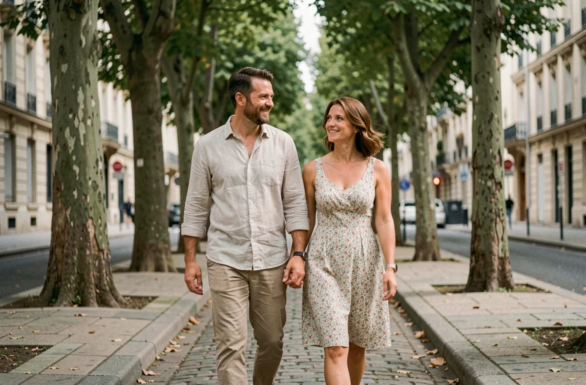 Couple discret se promenant sur un boulevard parisien arboré, complicité naturelle et regard complice