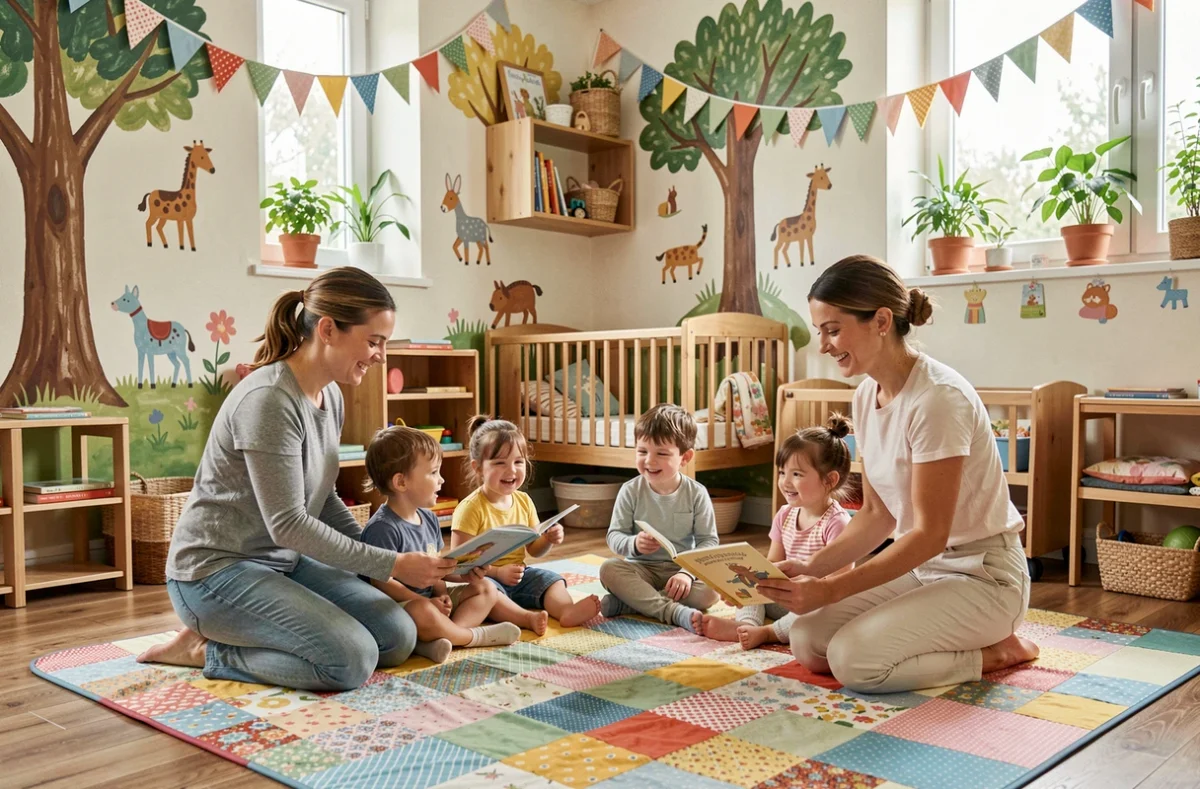 Groupe de tout-petits et éducatrices lors d'une séance de lecture à la crèche associative Les P'tits Boulets à Olivet