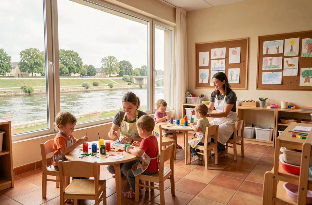 Salle d'activités de la crèche collective Les Bambins de la Loire à Gien, avec vue sur la Loire en arrière-plan