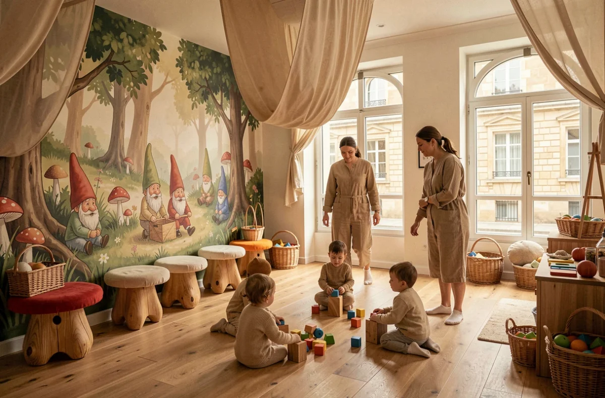 Salle décorée de la crèche collective Les Lutins à Beaugency avec une fresque forestière et des enfants en jeu libre