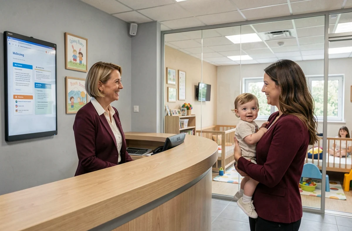 Accueil professionnel de la crèche inter-entreprises Les Premiers Pas à La Chapelle-Saint-Mesmin avec une puéricultrice et un parent
