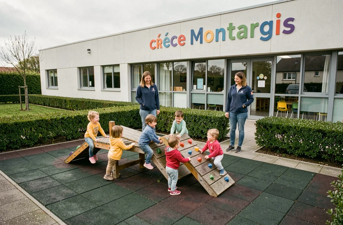 Enfants jouant dans la cour extérieure de la crèche municipale Les Coccinelles à Montargis