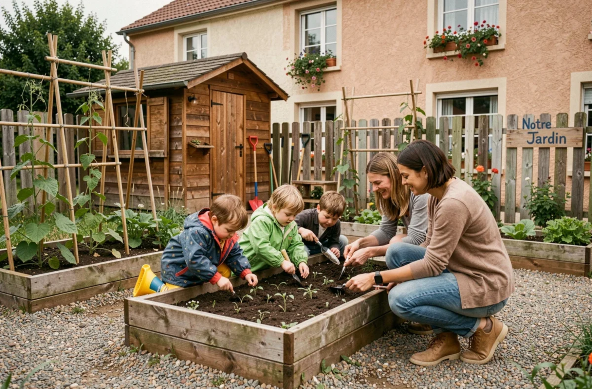 Parents bénévoles et enfants jardinant ensemble dans la cour de la crèche parentale Le Jardin des Petits Pas à Orléans