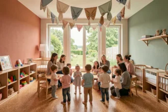 Vue d'ensemble d'une crèche dans le Loiret avec des enfants et des éducatrices dans une salle colorée et chaleureuse