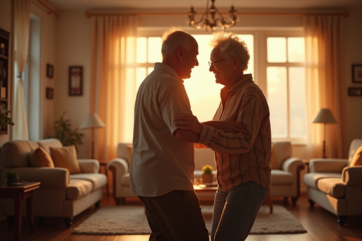 Couple de seniors dansant dans leur salon chaleureux