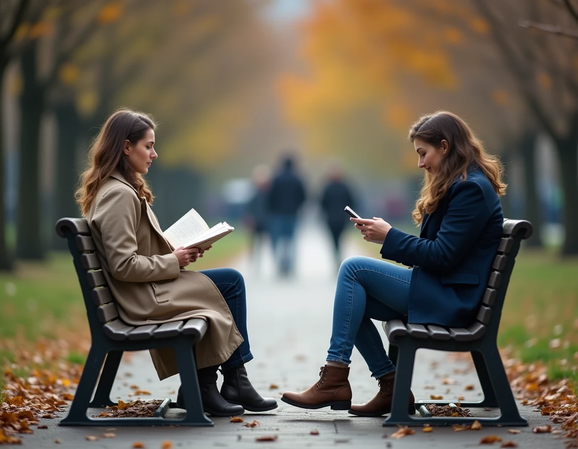 Deux femmes assises sur un banc de parc sans se regarder, symbolisant la rivalité et la jalousie dans un rêve