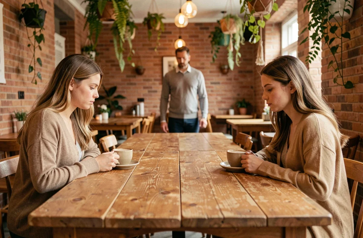 Deux femmes assises à distance dans un café avec une silhouette masculine en arrière-plan, évoquant la tension d'un amour partagé