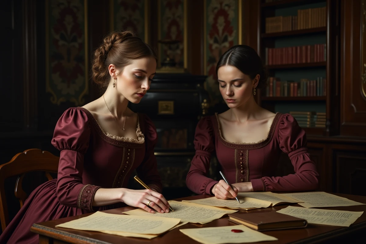 Deux femmes en tenue aristocratique autrichienne du XIXe siècle examinant des lettres secrètes dans un bureau ancien, illustrant l'enquête sur la rumeur d'une sœur cachée de Sissi