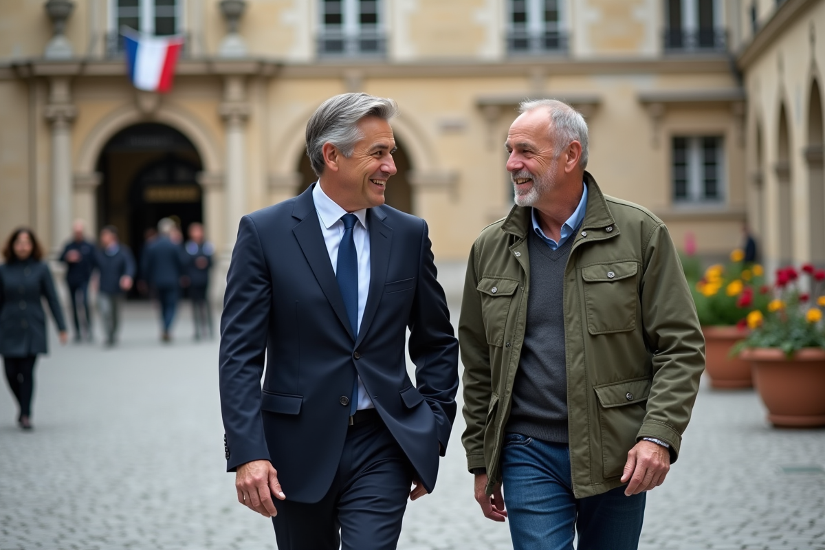 Deux hommes discutant dans une place française avec bâtiment historique