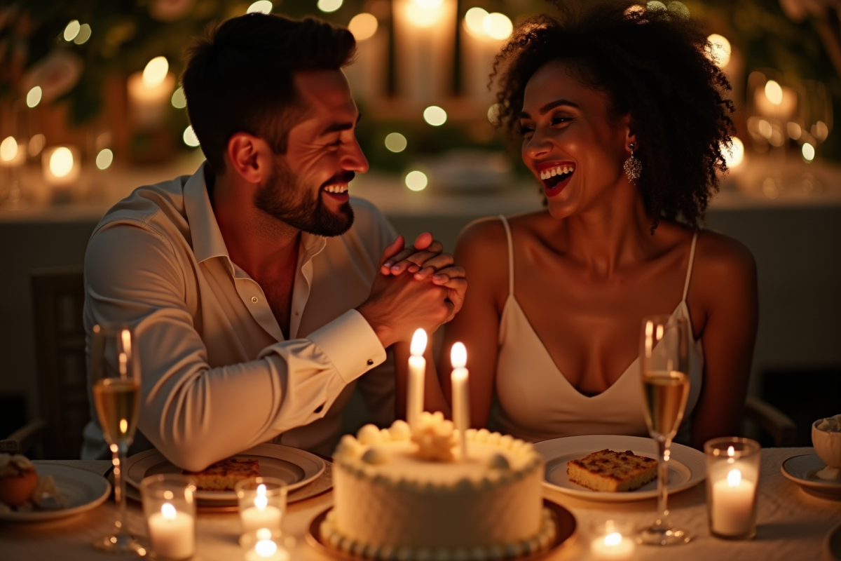 Couple marié riant lors d un dîner d anniversaire romantique