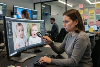 Une éditrice photo analyse des photos virales suspectes de bébé sur un double écran dans une salle de rédaction moderne