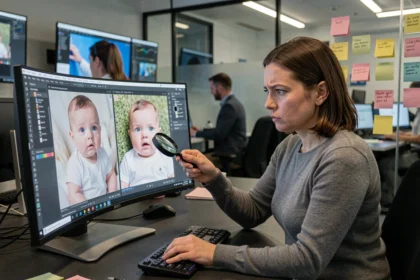 Une éditrice photo analyse des photos virales suspectes de bébé sur un double écran dans une salle de rédaction moderne