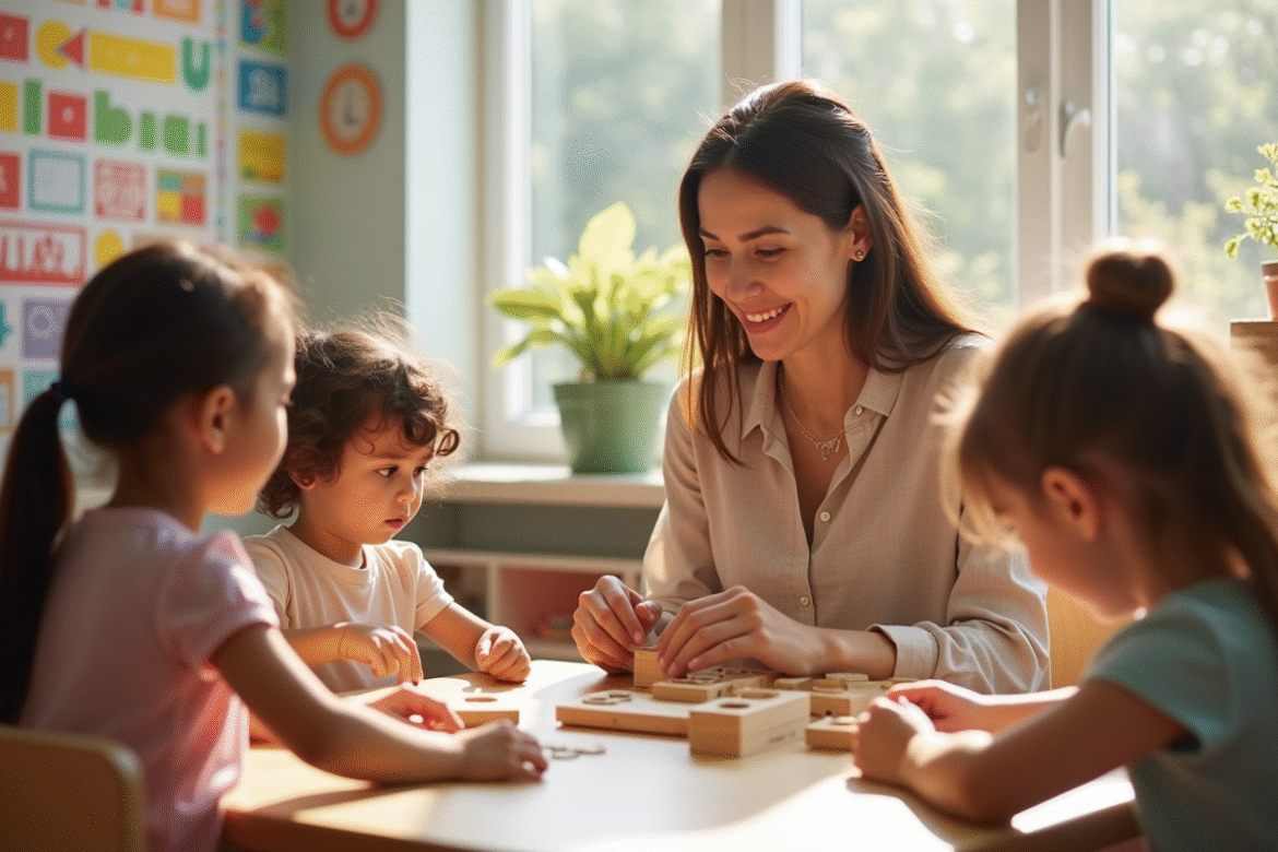 Enseignant Montessori guidant des enfants dans une activité manuelle lumineuse