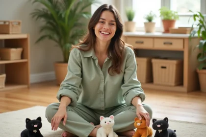 Éducatrice Montessori chantant la comptine Trois Petits Chats avec des peluches en classe