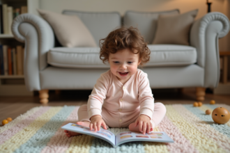 Petite fille de 18 mois avec cheveux bouclés joue avec un livre