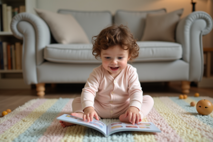 Petite fille de 18 mois avec cheveux bouclés joue avec un livre