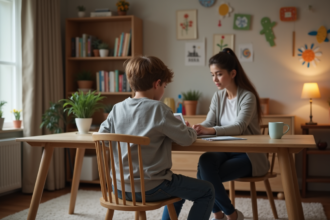 Garçon de 12 ans avec sa mère dans un bureau familial