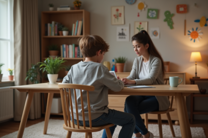 Garçon de 12 ans avec sa mère dans un bureau familial