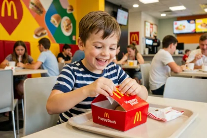 Enfant français souriant en train d'ouvrir un Happy Meal McDonald's dans un restaurant moderne