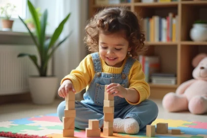 Fille de deux ans empilant des blocs en bois dans un salon