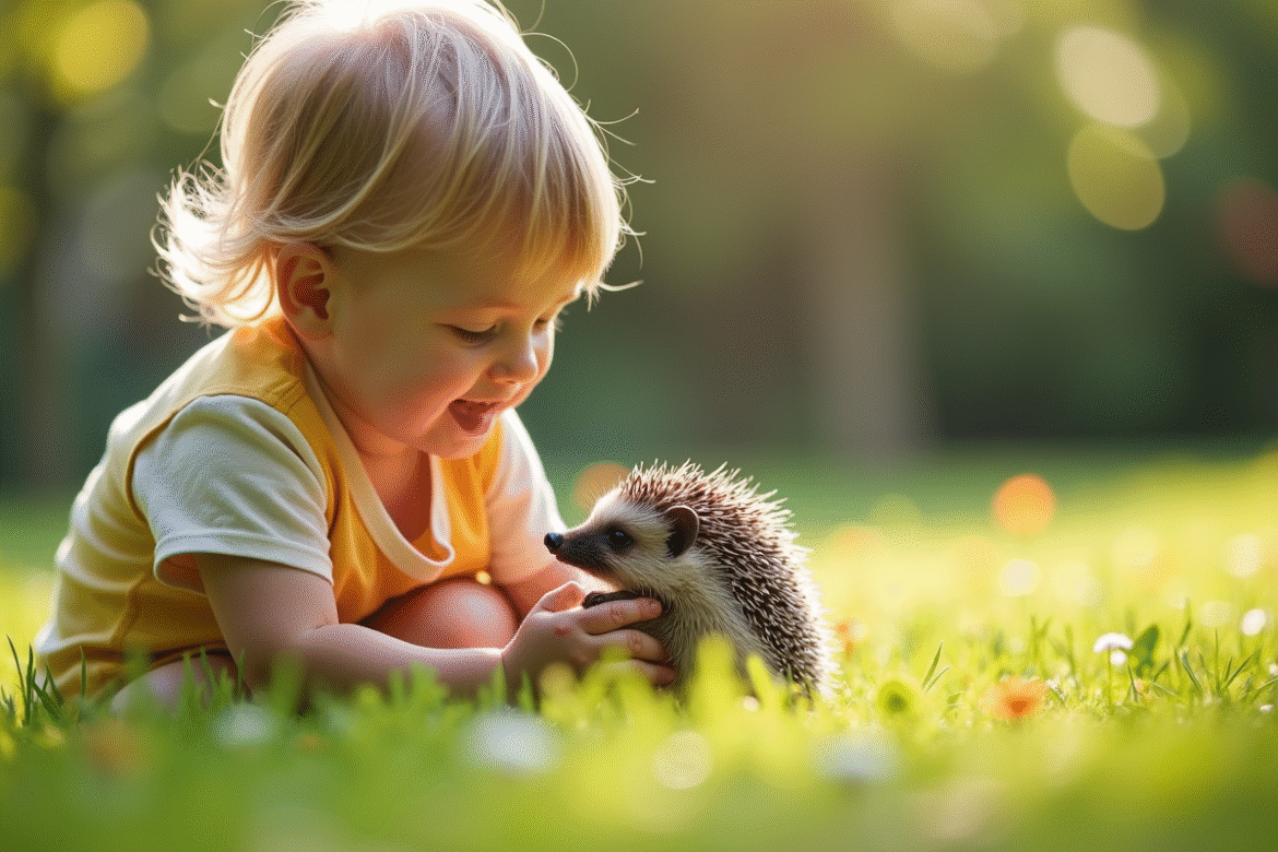 Jeune enfant donnant à manger à un hérisson dans un jardin lumineux