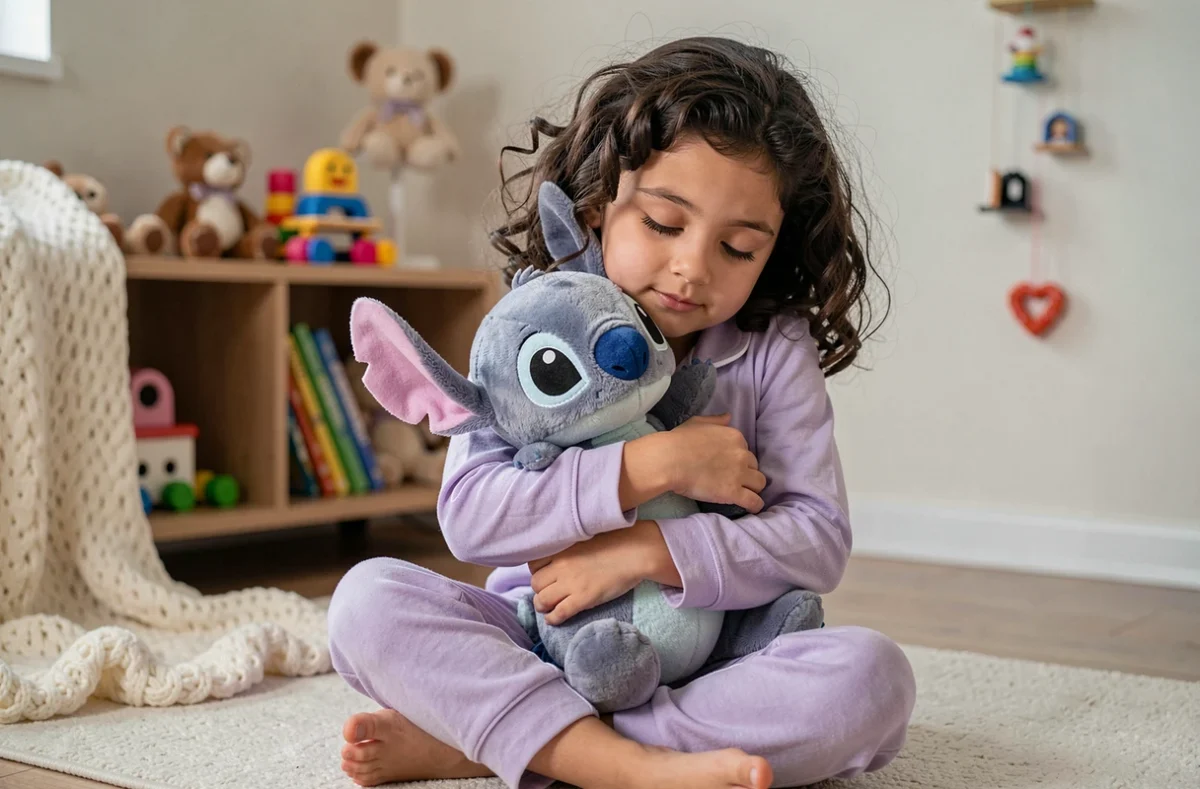 Petite fille en pyjama serrant une peluche Stitch respirante pour s'endormir sereinement