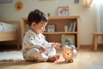 Enfant en pyjama découvrant un réveil veilleuse coloré posé sur une étagère dans une chambre cosy