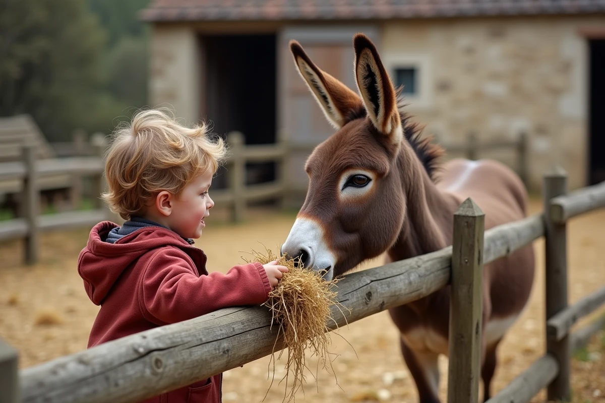 Deux enfants nourrissant un âne dans une ferme pédagogique en Île-de-France