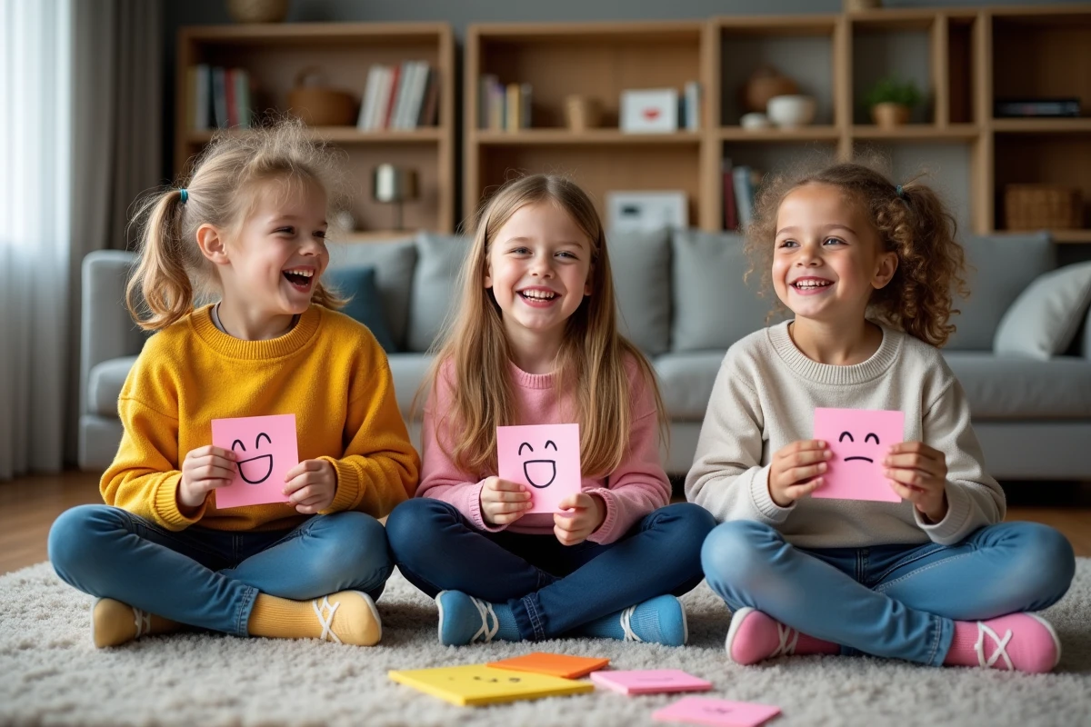 Trois enfants rient en dessinant des visages sur des notes adhésives