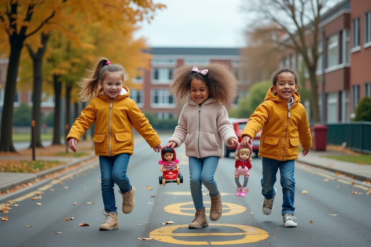 Enfants jouant avec des poupées et voitures en plein air