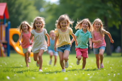 Groupe d'enfants jouant en plein air dans un parc verdoyant