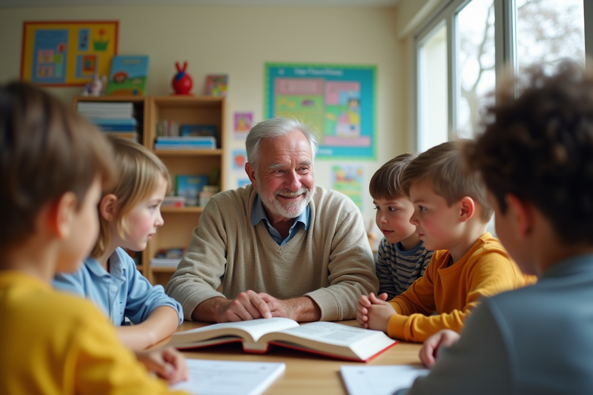 Enfants écoutant un conteur dans une classe avec un professeur souriant