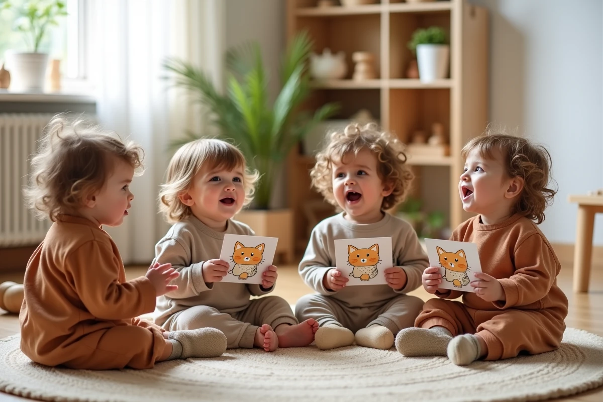 Groupe d'enfants Montessori chantant une comptine avec des cartes illustrées de chats